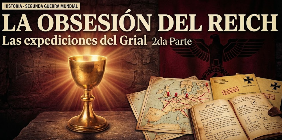 Portada de documental de historia titulada 'LA OBSESIÓN DEL REICH: Las expediciones del Grial'. La imagen muestra un cáliz dorado resplandeciente del Santo Grial centrado sobre mapas de Europa con rutas marcadas, documentos clasificados 'Geheim' de la Alemania Nazi con insignias del Reich y un diario abierto. Fondo de pared de piedra antigua con cruz templaria.