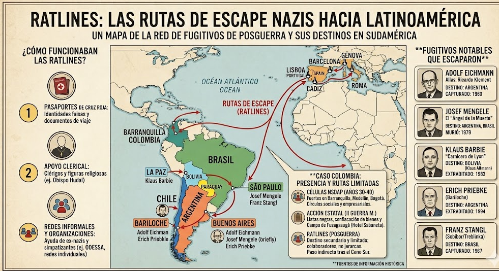 Infografía histórica con un mapa que muestra las "Ratlines", rutas de escape de fugitivos nazis desde Europa (puertos en Italia y España) hacia Sudamérica tras la Segunda Guerra Mundial. El mapa destaca destinos en Argentina, Brasil, Bolivia, Chile y Paraguay, con un recuadro especial sobre el "Caso Colombia". Incluye secciones sobre el funcionamiento de la red (pasaportes falsos, apoyo clerical, ODESSA) y perfiles de fugitivos notables como Adolf Eichmann y Josef Mengele.