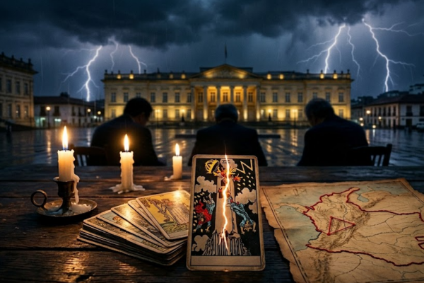 Profecías Petro elecciones Colombia 2026 con cartas del tarot y Casa de Nariño al fondo