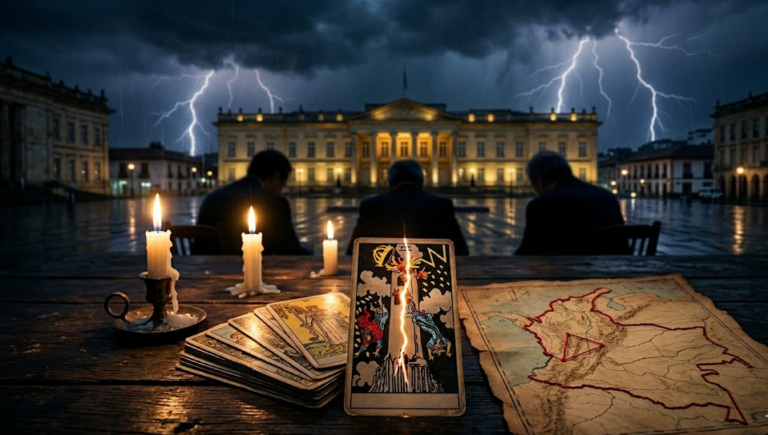 Profecías Petro elecciones Colombia 2026 con cartas del tarot y Casa de Nariño al fondo