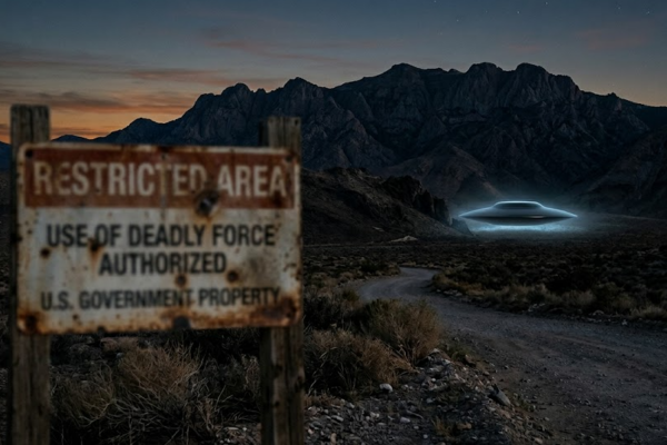 Letrero oxidado del gobierno de EE. UU. "Restricted Area - Use of Deadly Force Authorized" en el desierto de Nevada al anochecer. Un misterioso objeto discoidal resplandeciente flota cerca de una cresta de montaña distante.