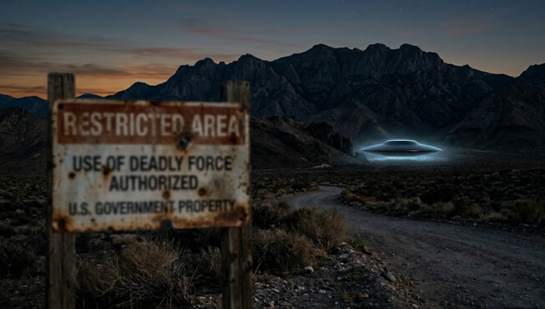 Letrero oxidado del gobierno de EE. UU. "Restricted Area - Use of Deadly Force Authorized" en el desierto de Nevada al anochecer. Un misterioso objeto discoidal resplandeciente flota cerca de una cresta de montaña distante.