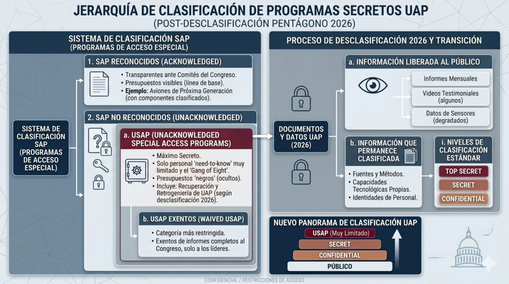 Programas secretos UAP clasificación USAP Pentágono desclasificación 2026