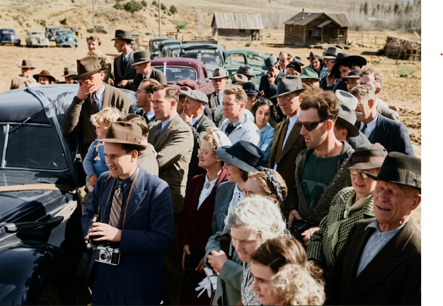 Restauracion con IA y a Color de la Fotografía histórica de 1941 mostrando una figura con vestimenta aparentemente anacrónica entre una multitud en el puente de South Fork, caso emblemático de posibles viajeros del tiempo