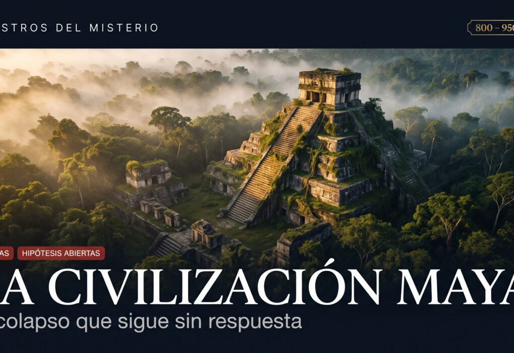Vista aérea de una pirámide maya entre la niebla de la selva al amanecer, con el título La civilización maya: el colapso que sigue sin respuesta