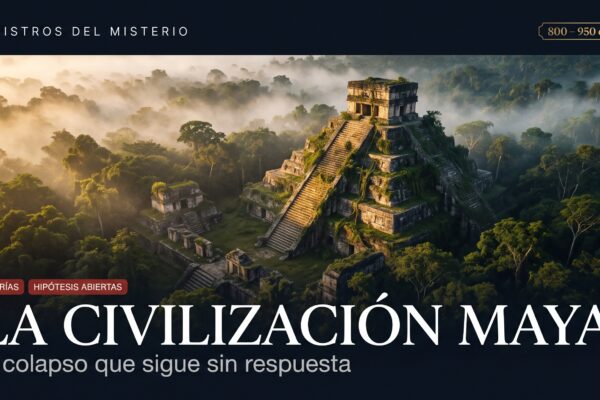 Vista aérea de una pirámide maya entre la niebla de la selva al amanecer, con el título La civilización maya: el colapso que sigue sin respuesta