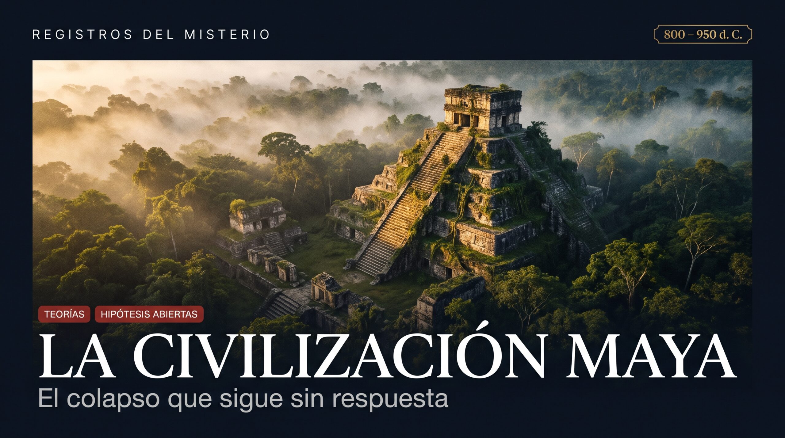 Vista aérea de una pirámide maya entre la niebla de la selva al amanecer, con el título La civilización maya: el colapso que sigue sin respuesta