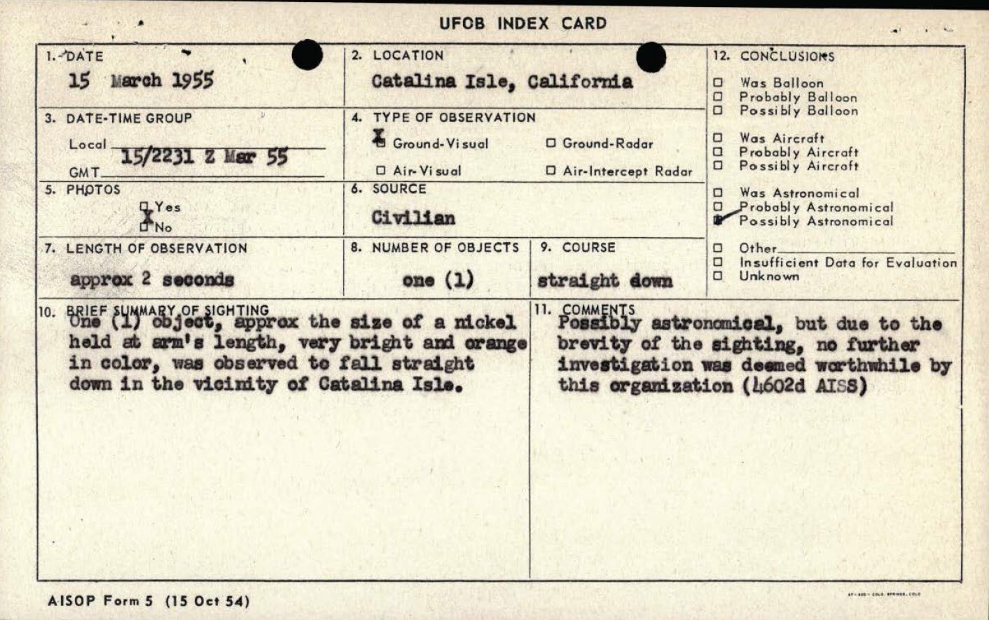 Ficha UFOB del documento oficial DOW-UAP-D177 sobre un objeto naranja visto sobre la Isla Catalina el 15 de marzo de 1955