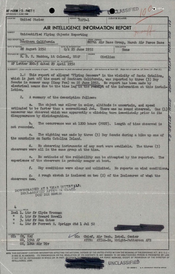 Página escaneada del informe de inteligencia aérea DOW-UAP-D179 sobre el reporte de los Boy Scouts en la Isla Catalina en 1952