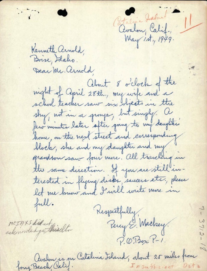 Nota manuscrita del documento oficial DOW-UAP-D181 sobre el reporte de seis objetos sobre la Isla Catalina en 1949