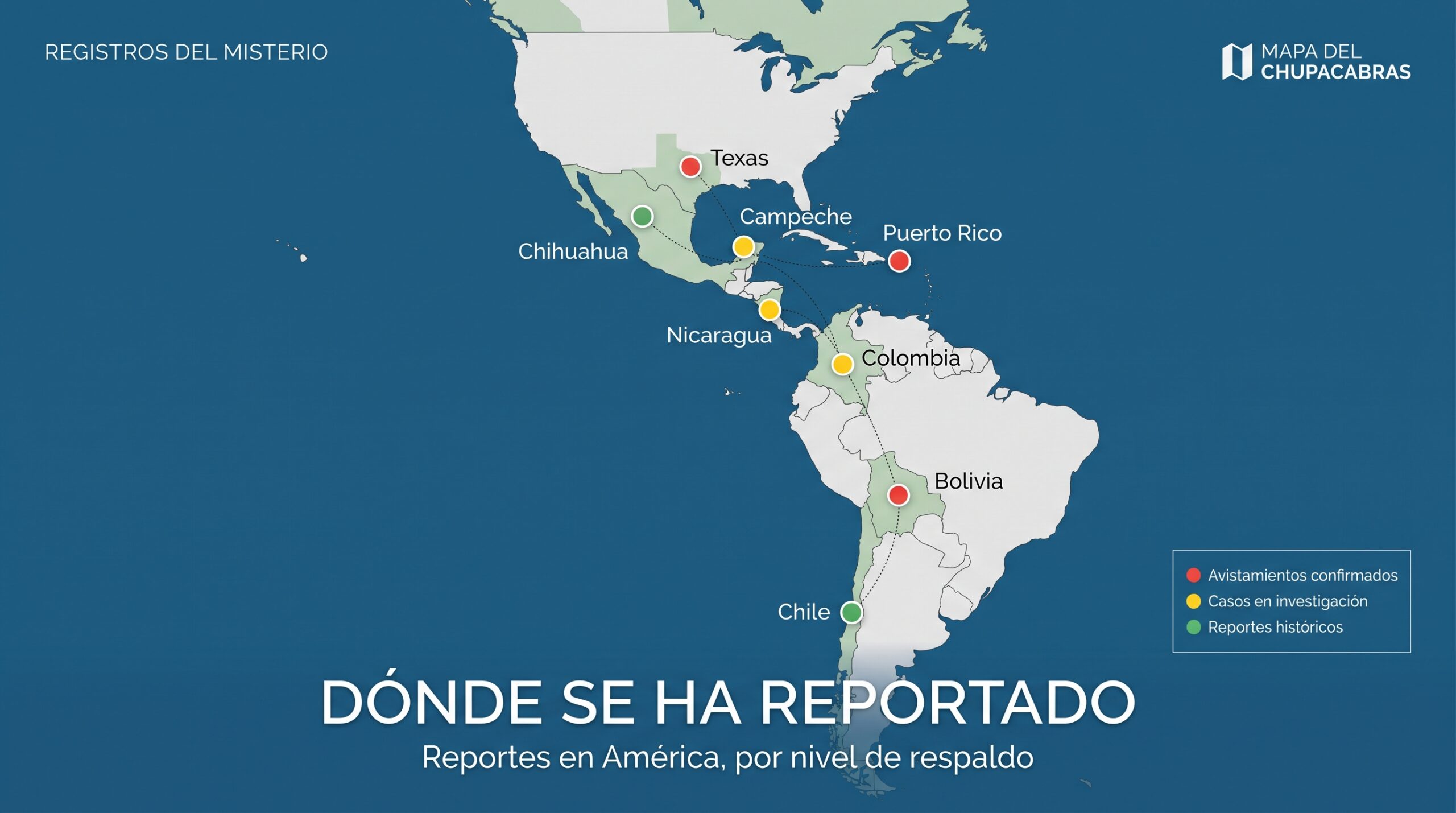 Mapa moderno de América con los lugares donde se han reportado animales atribuidos al chupacabras, marcados por nivel de respaldo