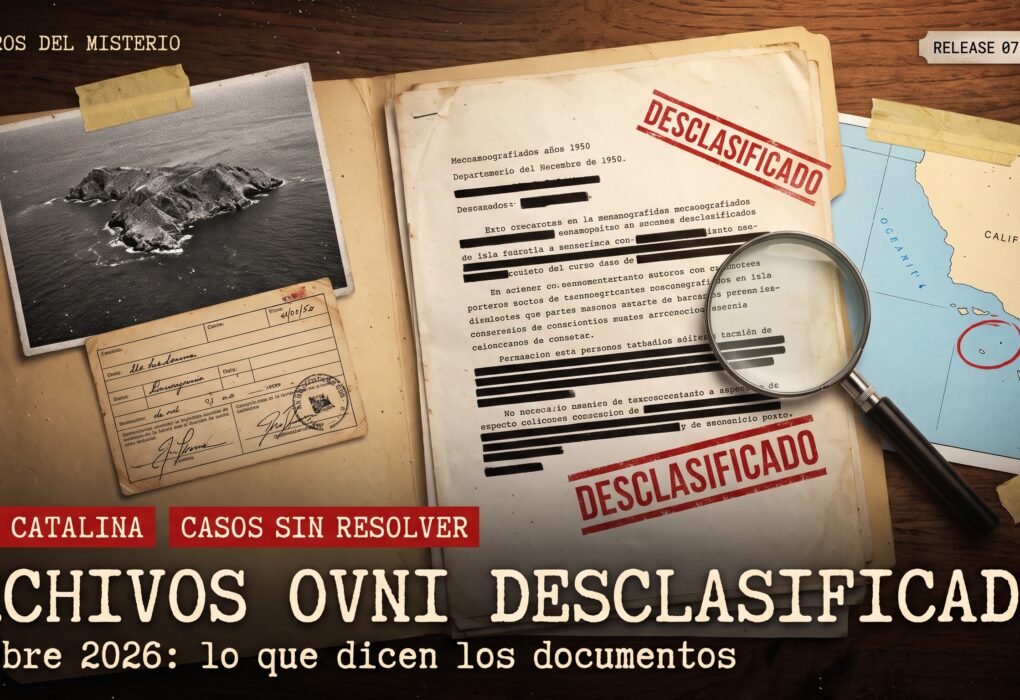Collage de expediente desclasificado con documentos tachados, foto aérea de una isla, mapa de California y el título Archivos OVNI desclasificados, octubre 2026