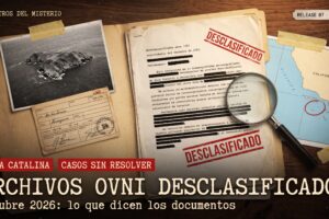 Collage de expediente desclasificado con documentos tachados, foto aérea de una isla, mapa de California y el título Archivos OVNI desclasificados, octubre 2026