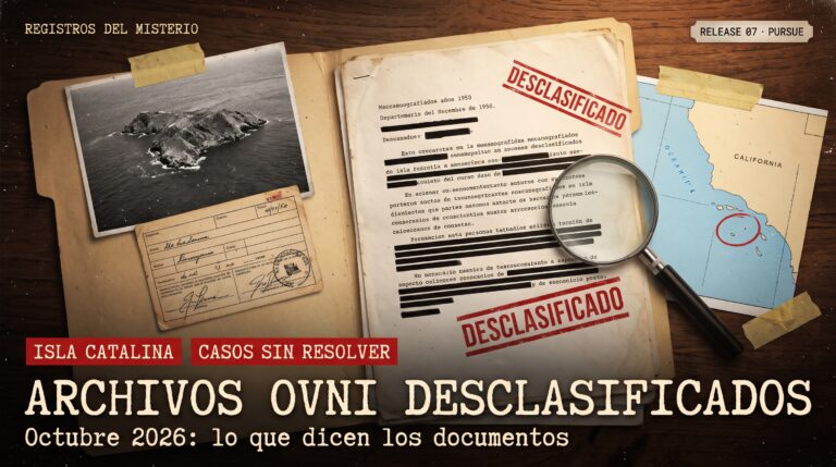 Collage de expediente desclasificado con documentos tachados, foto aérea de una isla, mapa de California y el título Archivos OVNI desclasificados, octubre 2026
