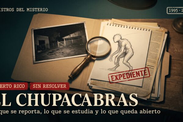 Portada del artículo El chupacabras: un expediente con una fotografía de un corral de noche, una lupa y el dibujo de una criatura bípeda, con el título El chupacabras