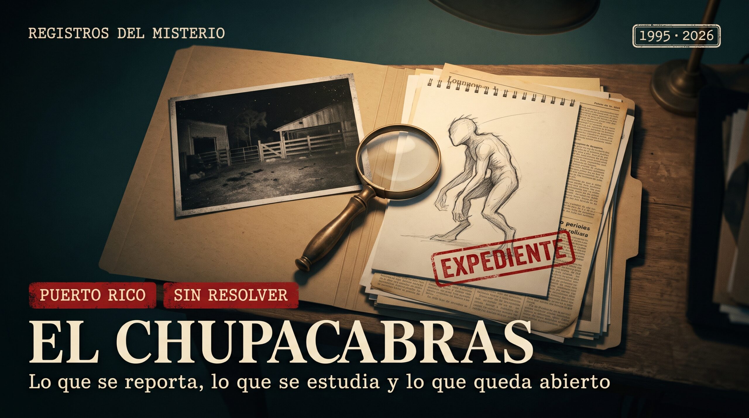 Portada del artículo El chupacabras: un expediente con una fotografía de un corral de noche, una lupa y el dibujo de una criatura bípeda, con el título El chupacabras