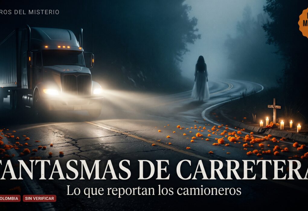 Tráiler en una curva de montaña con niebla de noche, una mujer de blanco a lo lejos y pétalos de cempasúchil sobre el asfalto, con el título Fantasmas de carretera