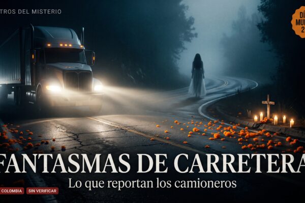 Tráiler en una curva de montaña con niebla de noche, una mujer de blanco a lo lejos y pétalos de cempasúchil sobre el asfalto, con el título Fantasmas de carretera