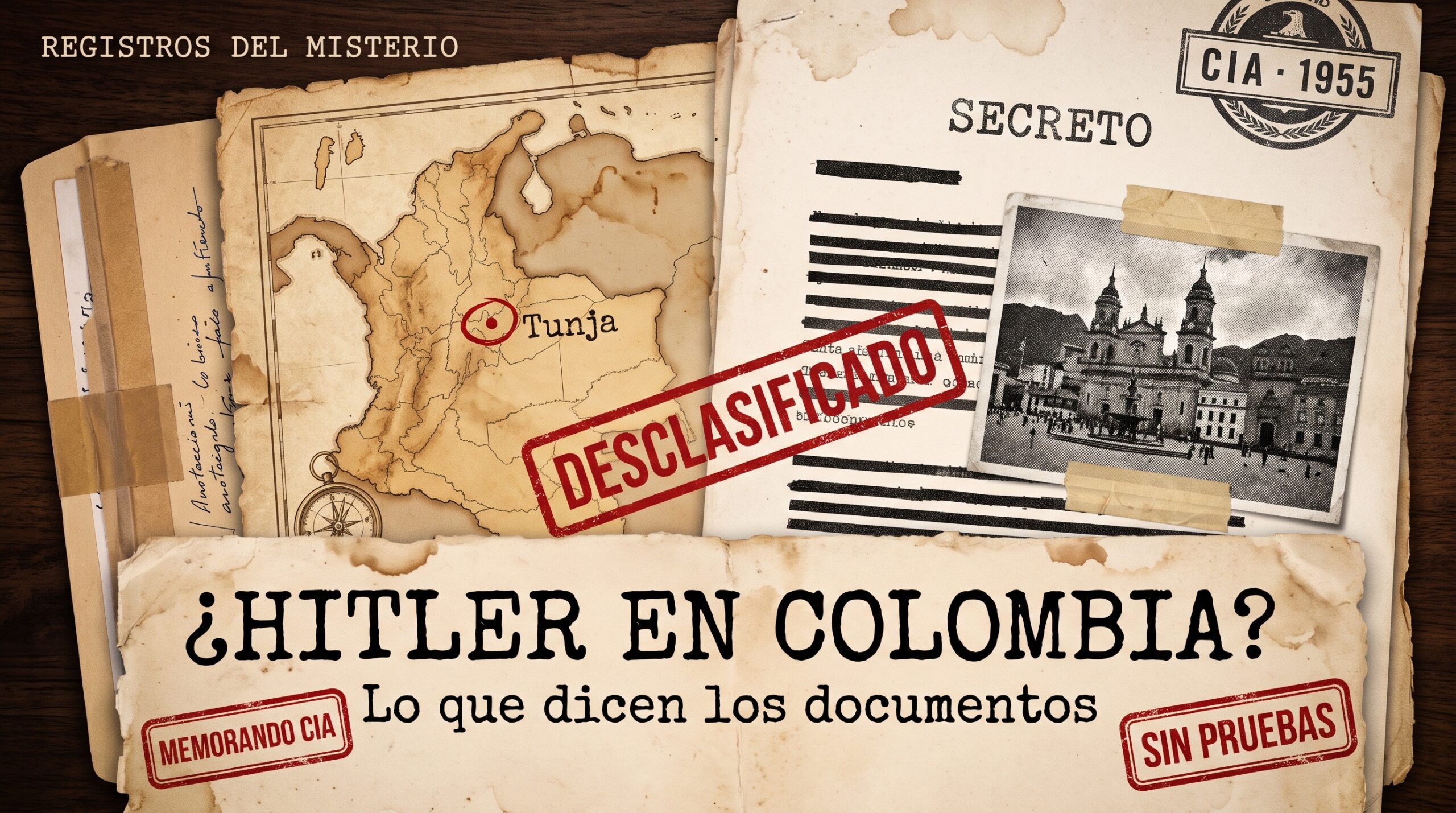 Collage de expediente de inteligencia con mapa de Colombia con Tunja marcada, documento secreto, sello Desclasificado y el título ¿Hitler en Colombia? Lo que dicen los documentos