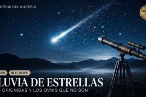 Cielo nocturno con un meteoro de la lluvia de las Oriónidas y un telescopio antiguo en primer plano, con el título Lluvia de estrellas: las Oriónidas y los OVNIs que no son
