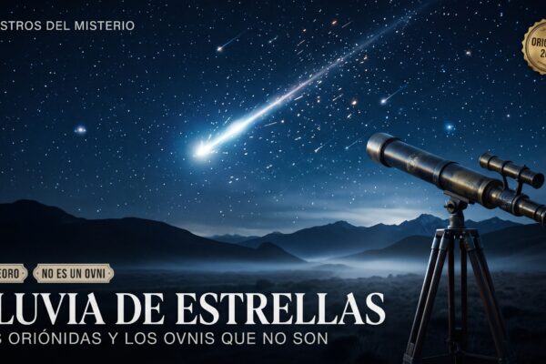 Cielo nocturno con un meteoro de la lluvia de las Oriónidas y un telescopio antiguo en primer plano, con el título Lluvia de estrellas: las Oriónidas y los OVNIs que no son