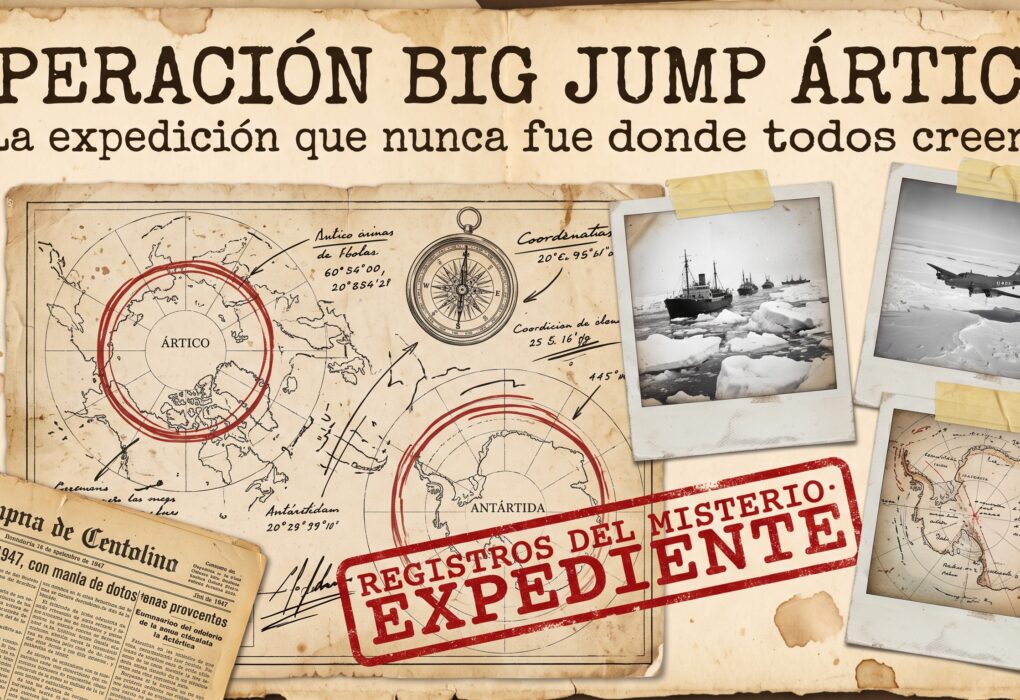 Portada de expediente con mapa de los polos, fotografías antiguas de una flota en el hielo y el título Operación Big Jump Ártico