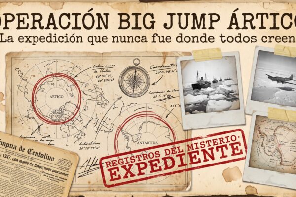 Portada de expediente con mapa de los polos, fotografías antiguas de una flota en el hielo y el título Operación Big Jump Ártico