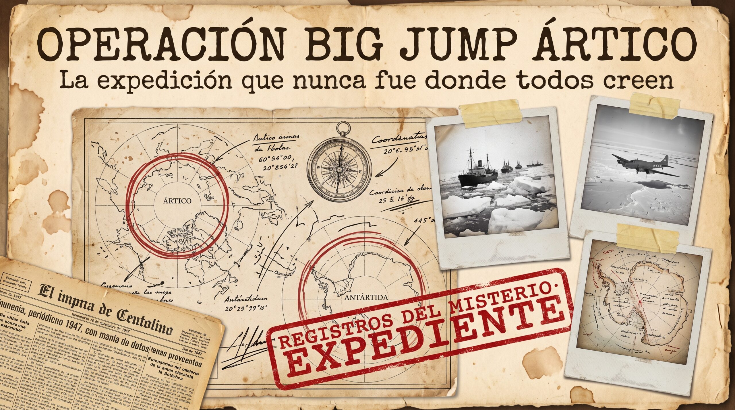 Portada de expediente con mapa de los polos, fotografías antiguas de una flota en el hielo y el título Operación Big Jump Ártico