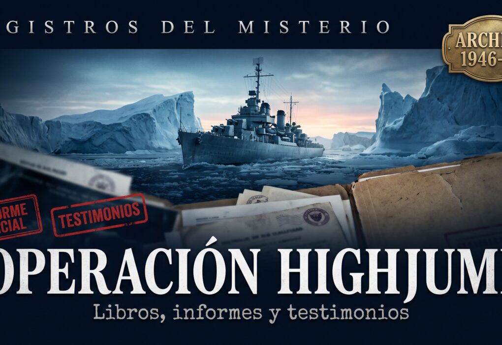 Buque de guerra de los años 40 entre icebergs y documentos de archivo con el título Operación Highjump: libros, informes y testimonios