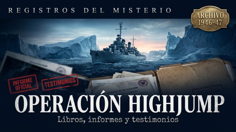 Buque de guerra de los años 40 entre icebergs y documentos de archivo con el título Operación Highjump: libros, informes y testimonios