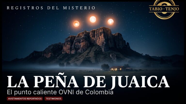 Portada con la Peña de Juaica de noche, esferas luminosas sobre la cresta y el título La Peña de Juaica: el punto caliente OVNI de Colombia
