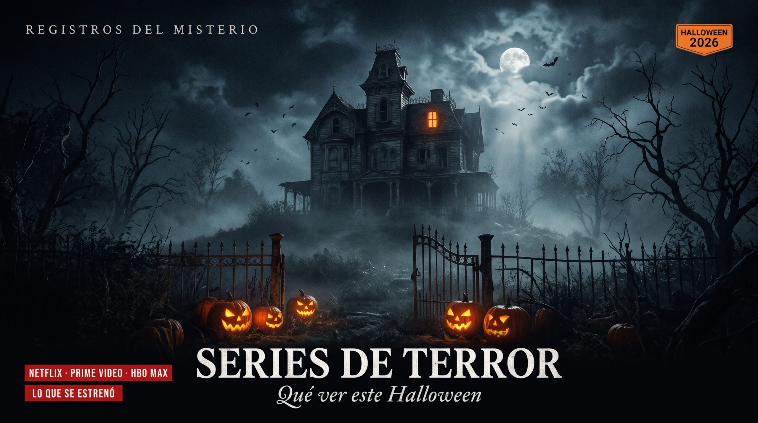 Mansión victoriana abandonada entre niebla y calabazas encendidas de noche, con el título Series de terror: qué ver este Halloween